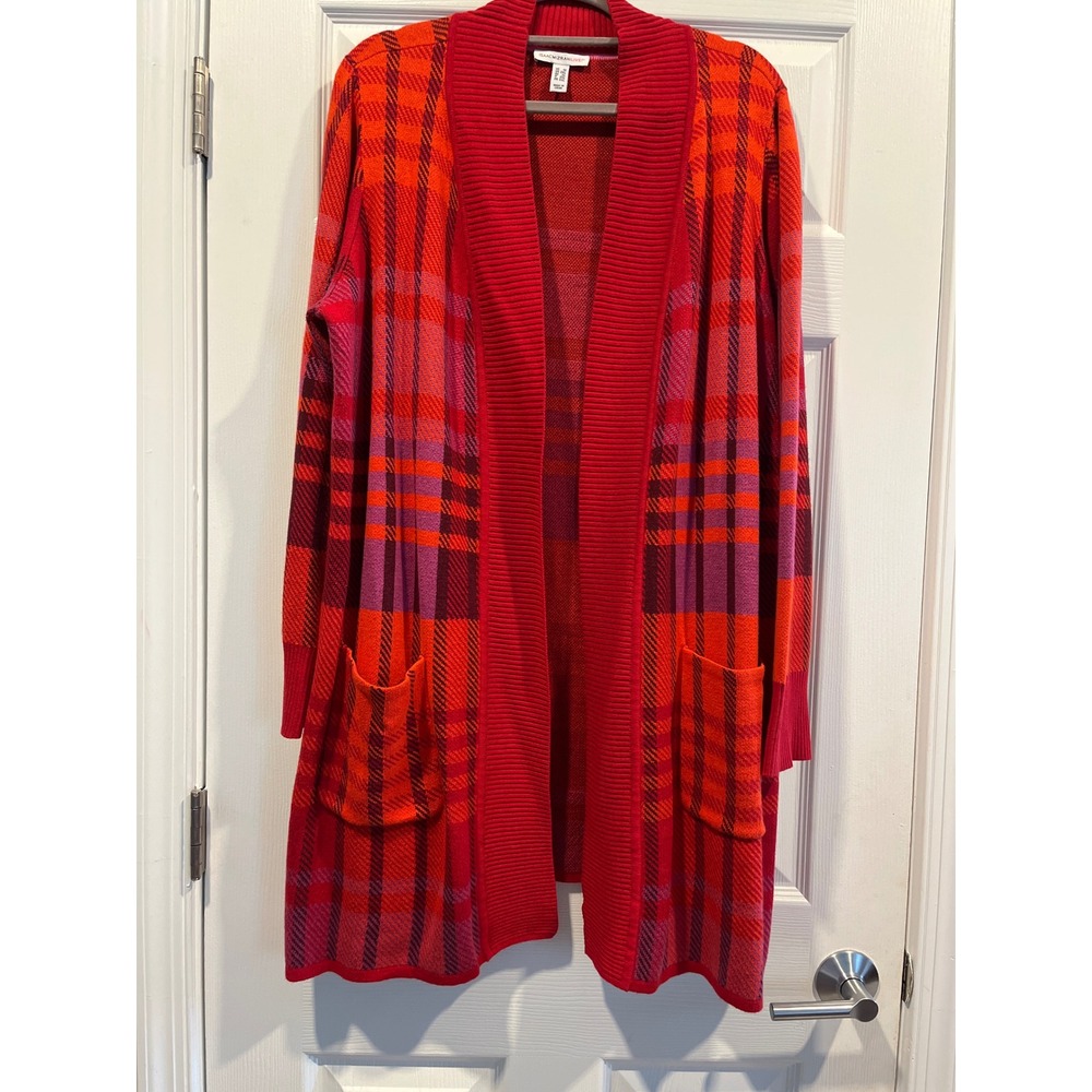 Isaac Mizrahi Live Red Plaid Open Front Longline Cardigan Sweater Plus Size 1X